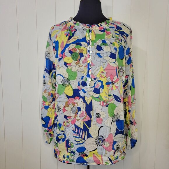 Talbots Top Womens Size Large Floral Popover Ruffle Collar Cotton - Picture 1 of 8
